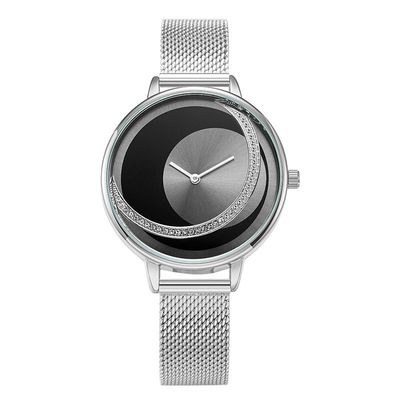 14mm van de Batterijpolshorloges van het Riemkwarts het Leer Diamond Encrusted Mesh Strap Watch