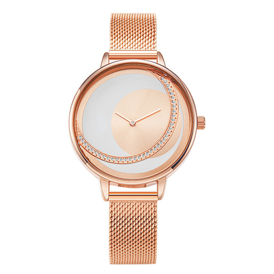 14mm van de Batterijpolshorloges van het Riemkwarts het Leer Diamond Encrusted Mesh Strap Watch