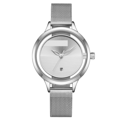 Dames Mesh Belt Quartz Calendar Watch met Willow Leaf Needle