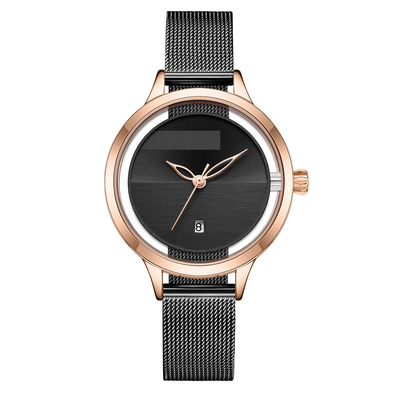 Dames Mesh Belt Quartz Calendar Watch met Willow Leaf Needle